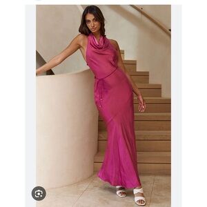 INDIA COWL HALTERNECK SATIN MAXI DRESS FUCHSIA